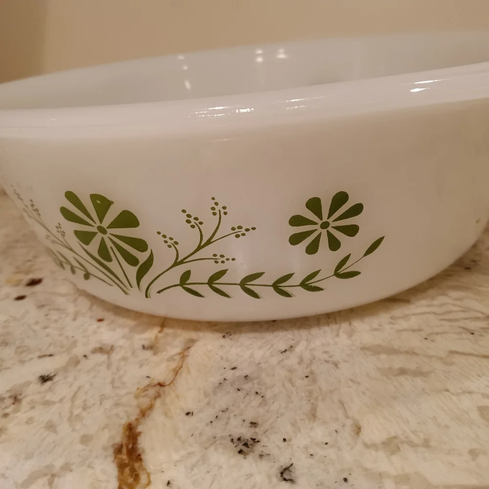 Vintage Glasbake 2 Quart Baking Dish White Green Floral